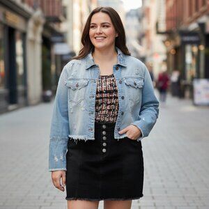 CELLO Distressed Denim Cropped Jacket with fraying. NWOT. Size 2X, 2XL